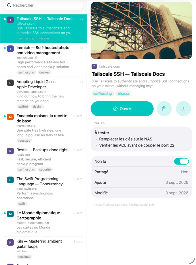 Vue à trois colonnes sur iPad