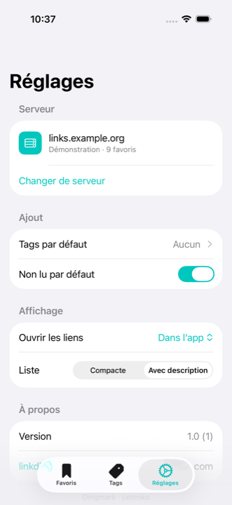 Écran des réglages